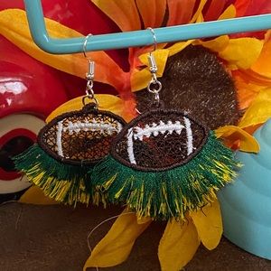 Handmade Embroidered Boho Football Earrings with customizable colors.
